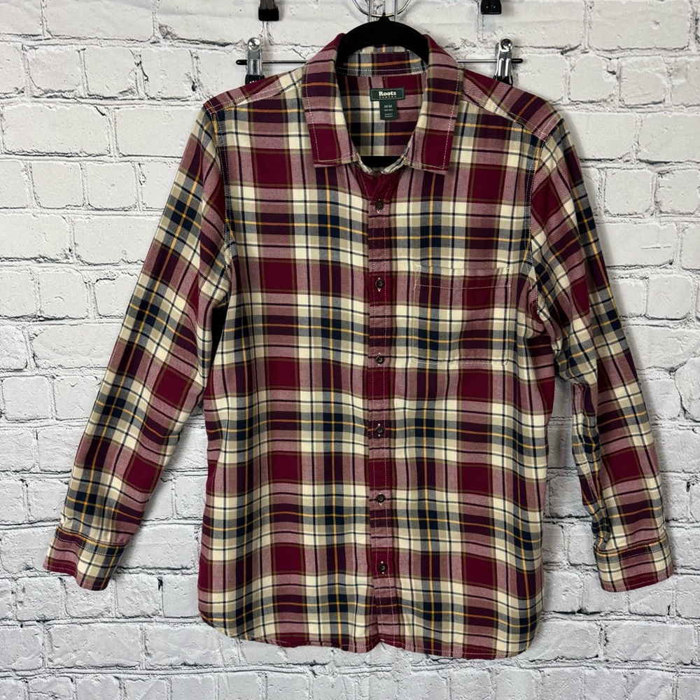 Roots Red Cream Navy Plaid Women’s Flannel Shirt 100% Cotton Cabincore Sz Medium